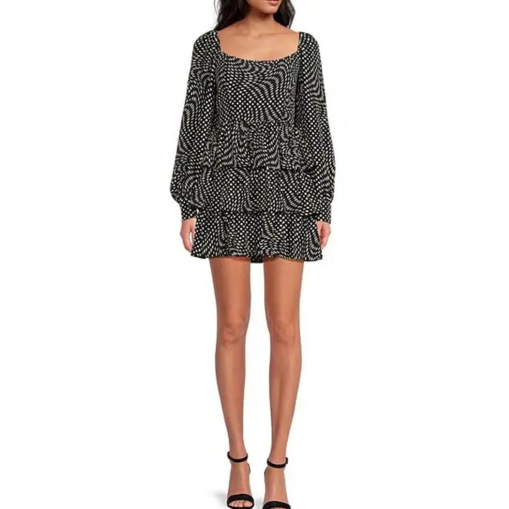 WAYF Mini Dress M Black White Polka Dot Tiered Ruffle Babydoll Short New $160